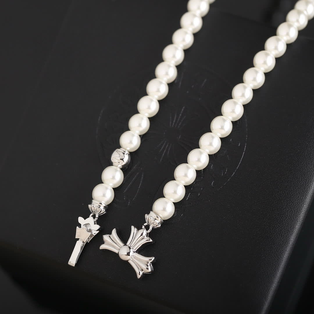Chrome Hearts Pearl Earrings and Necklace Set